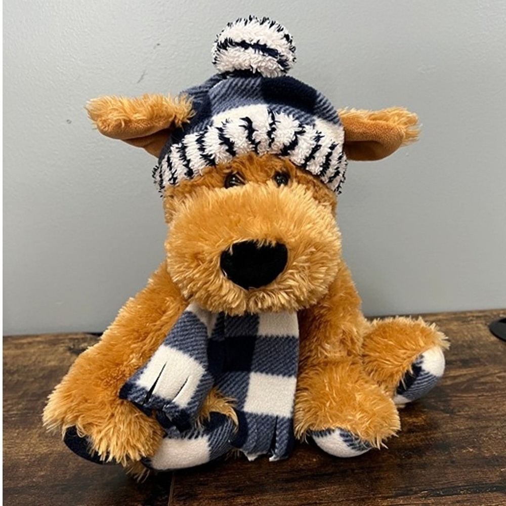 Gentle Treasures Plush Dog Winter Puppy Blue White Buffalo Plaid Hat Scarf